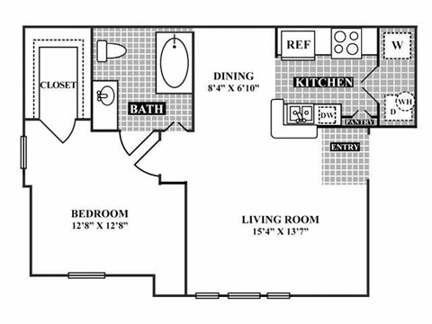 Floor plan for 1 bed, 1 bath, 680 sqft
